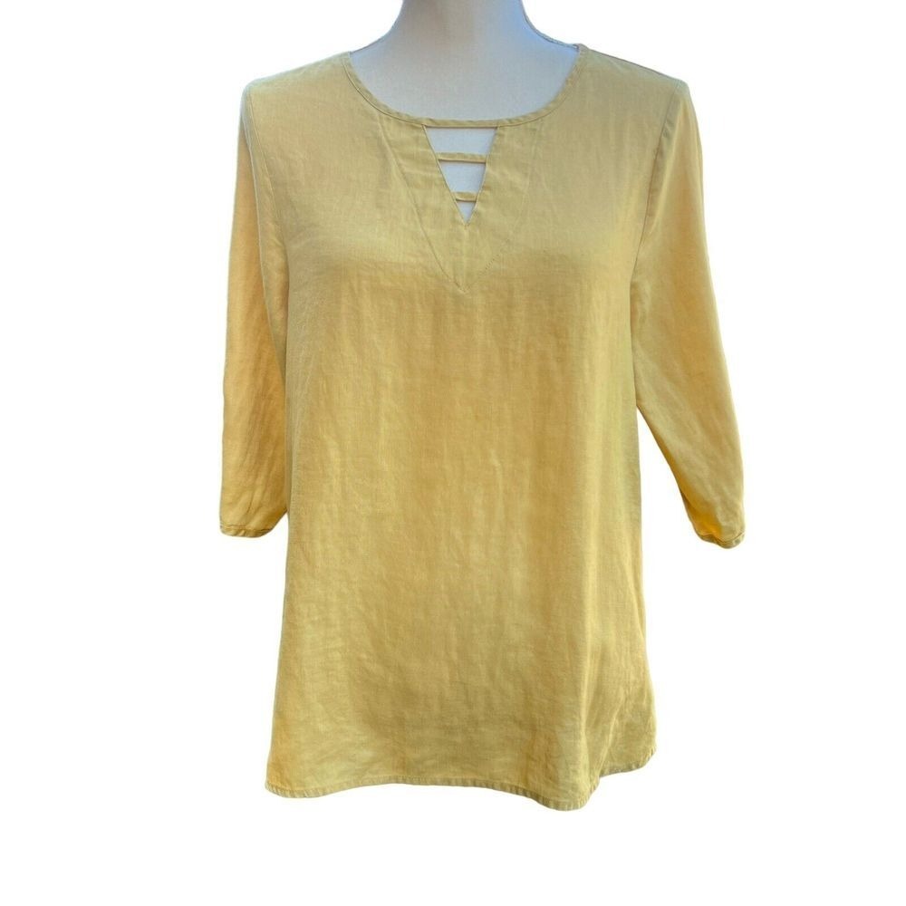 NINE WEST JEANS Blouse Women's Size Small‎ 100 % Linen 3/4 Sleeve Yellow